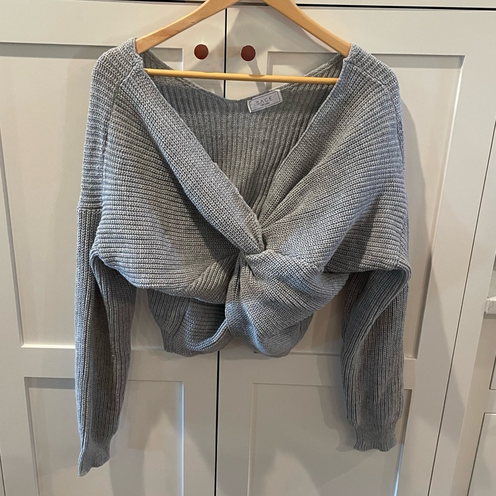 Sage Gray Knit Twist-Front Sweater